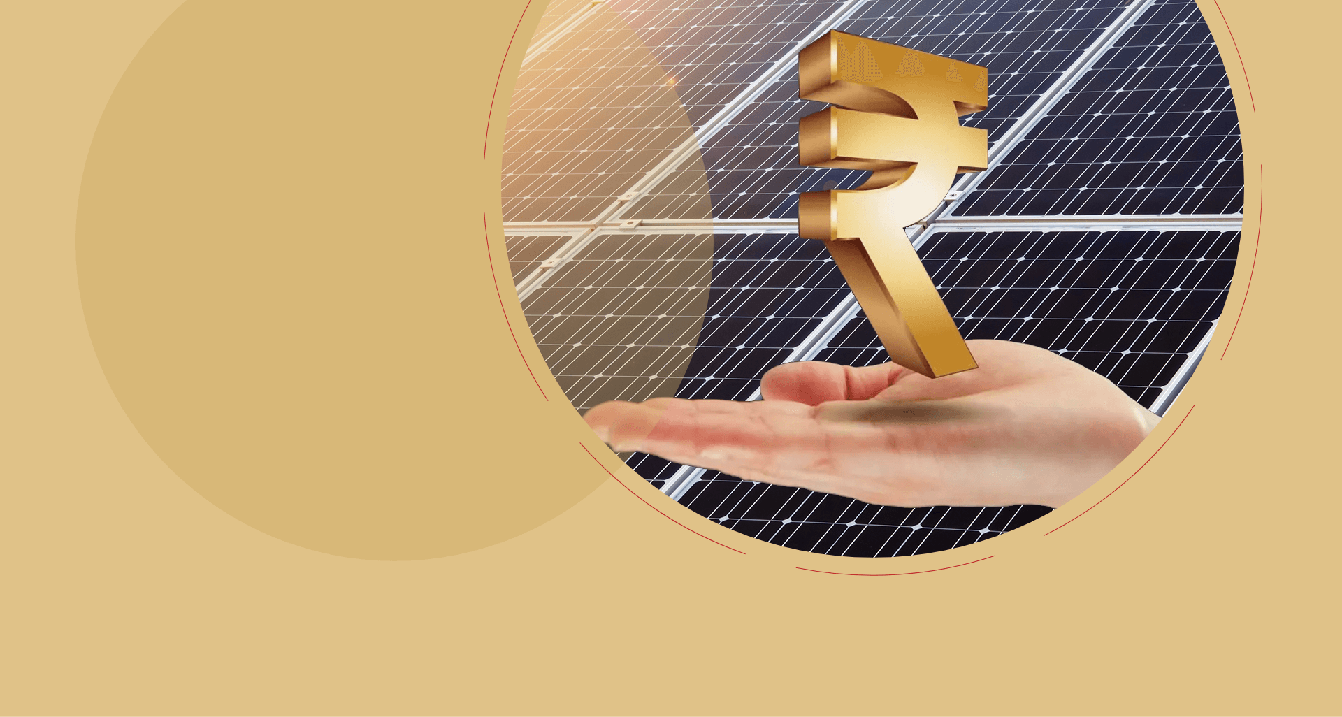 A rupee symbol held in an open palm above solar panels
