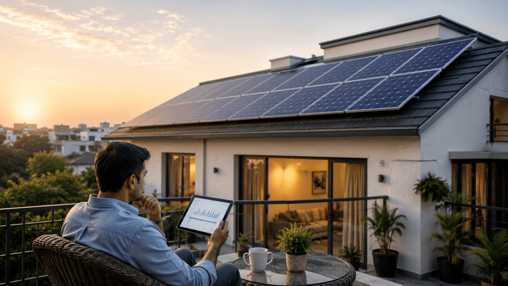 Residential rooftop solar installation on a modern Indian house, highlighting renewable energy and reduced electricity costs for homeowners and monitoring prices.