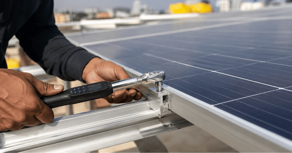 Technician using a calibrated torque wrench on a rooftop solar panel mid-clamp in India